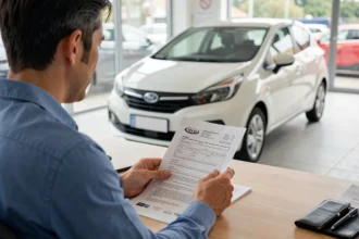 Client qui relit un contrat de location avec option d'achat chez un concessionnaire