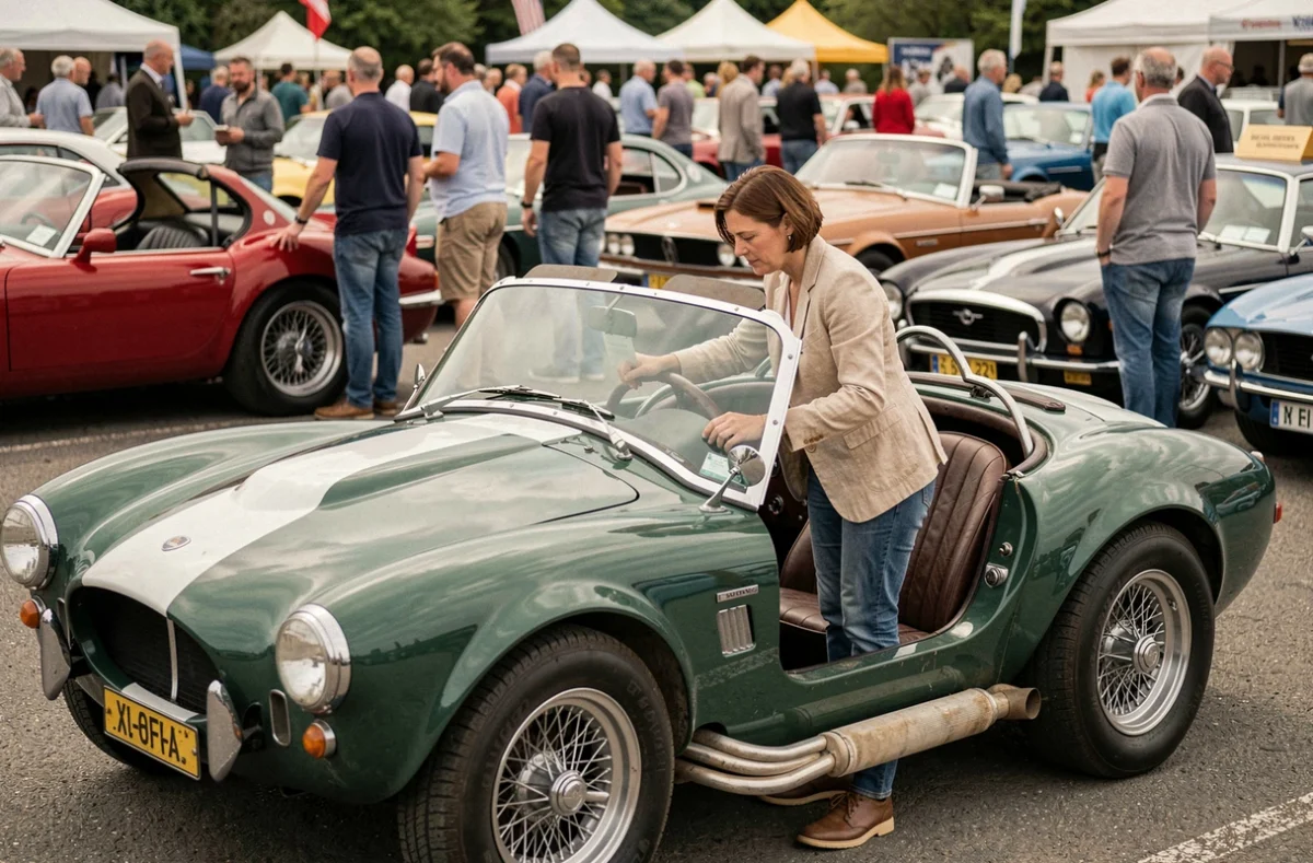 Femme inspectant une AC Cobra originale lors d'une vente aux enchères de voitures classiques en plein air