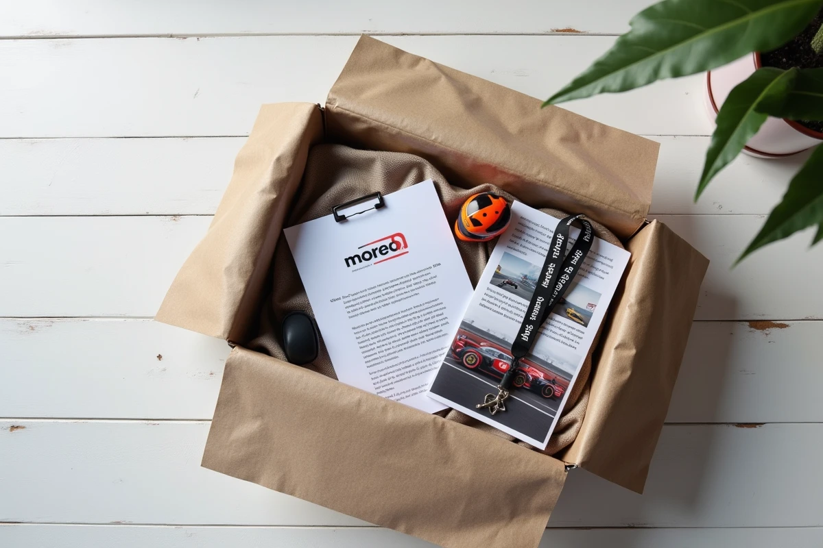 Coffret cadeau stage de pilotage automobile avec bon cadeau imprimé, brochure circuit et accessoires sur fond blanc