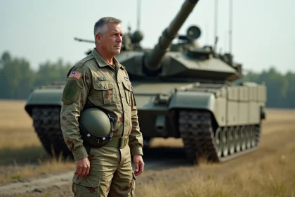 Commandant britannique devant un char Challenger 2 en terrain d'entraînement