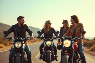 Groupe de motards locaux réunis près d'Agde au bord de la Méditerranée, casques sous le bras, souriant et échangeant devant leurs motos garées