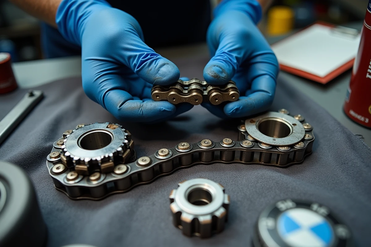 Comparaison entre une ancienne chaîne de distribution BMW usée et une pièce de remplacement neuve