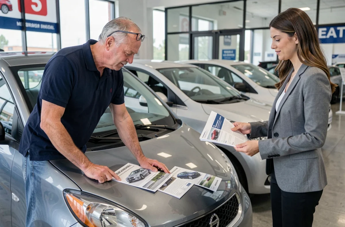 Homme d'une cinquantaine d'années comparant deux modèles de voitures sans permis dans une concession automobile