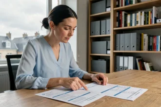 Femme comparant des offres d'assurance auto sur des documents imprimés dans un bureau à domicile au Havre
