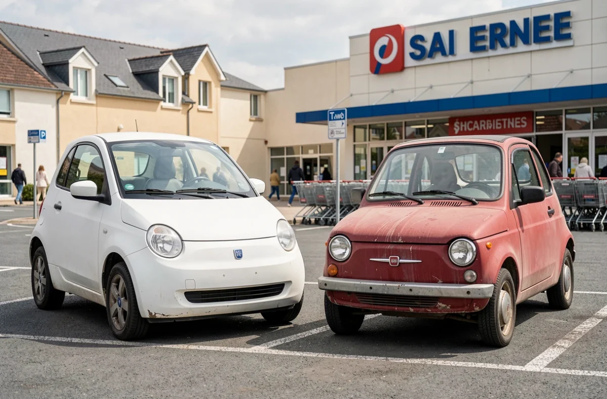 Comparaison de deux voitures sans permis électrique et thermique dans un parking