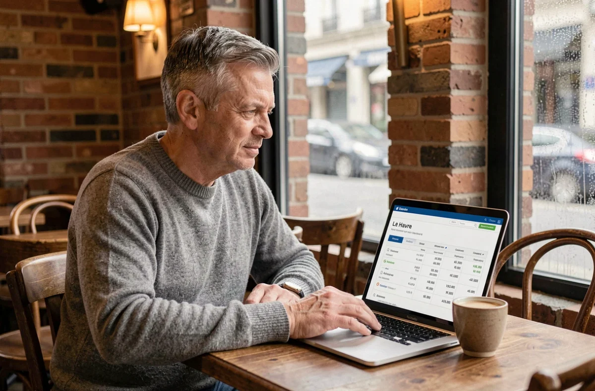 Homme consultant un comparateur d'assurance auto en ligne dans un café du Havre