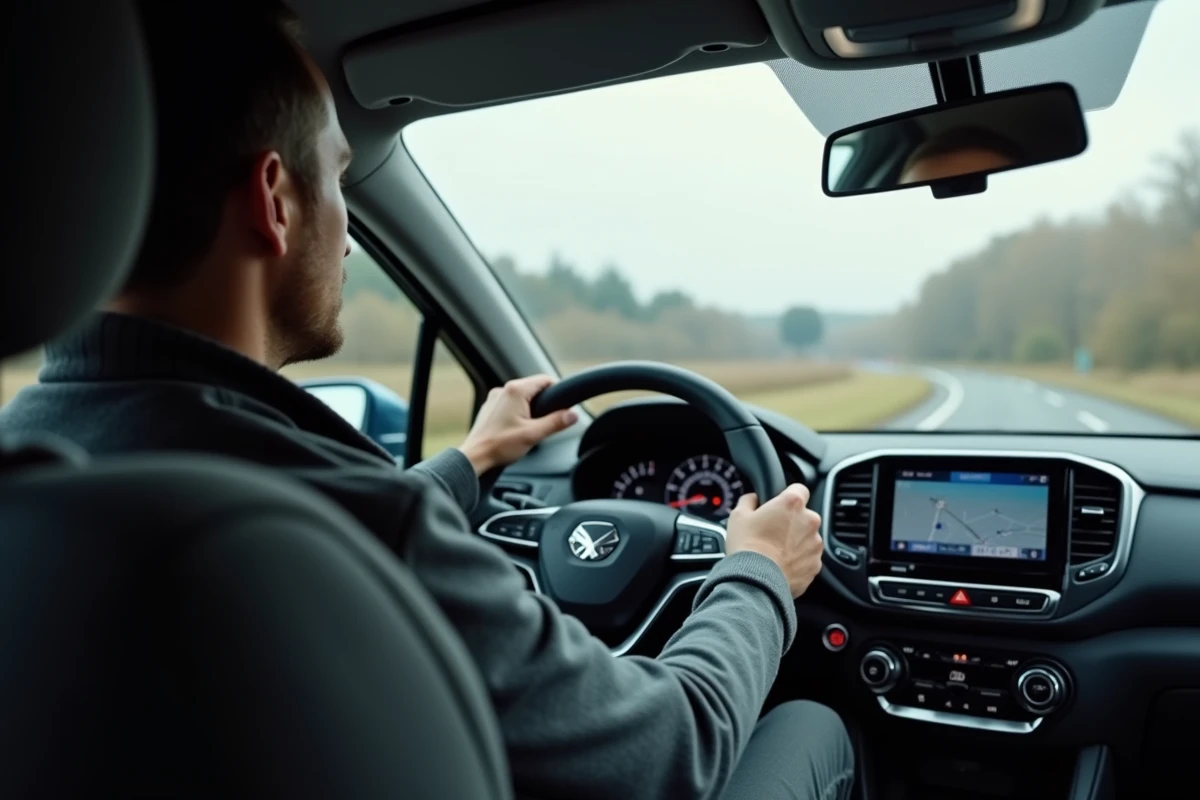 Conducteur au volant d'une voiture compacte moderne illustrant les reprises et le confort de conduite liés à un moteur 81 kW
