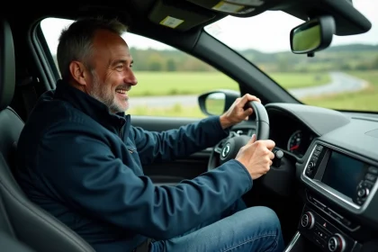 Homme en jacket de conduite dans une voiture sportive 2026