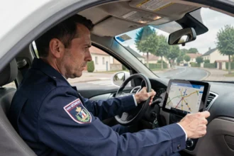 Conducteur de véhicule radar en uniforme au volant d'un véhicule banalisé sur une route française