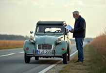 Véhicules exemptés contrôle technique : liste complète et réglementation en France Homme en jeans et veste consulte des papiers près d'une 2CV vintage en campagne