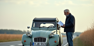 Véhicules exemptés contrôle technique : liste complète et réglementation en France Homme en jeans et veste consulte des papiers près d'une 2CV vintage en campagne