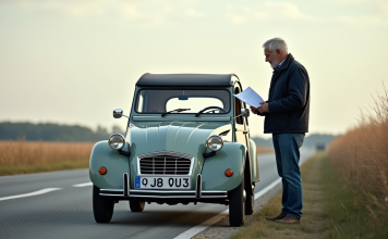 Véhicules exemptés contrôle technique : liste complète et réglementation en France Homme en jeans et veste consulte des papiers près d'une 2CV vintage en campagne