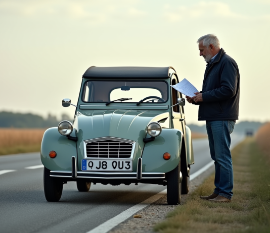Véhicules exemptés contrôle technique : liste complète et réglementation en France Homme en jeans et veste consulte des papiers près d'une 2CV vintage en campagne