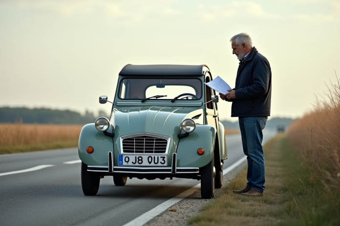 Homme en jeans et veste consulte des papiers près d'une 2CV vintage en campagne