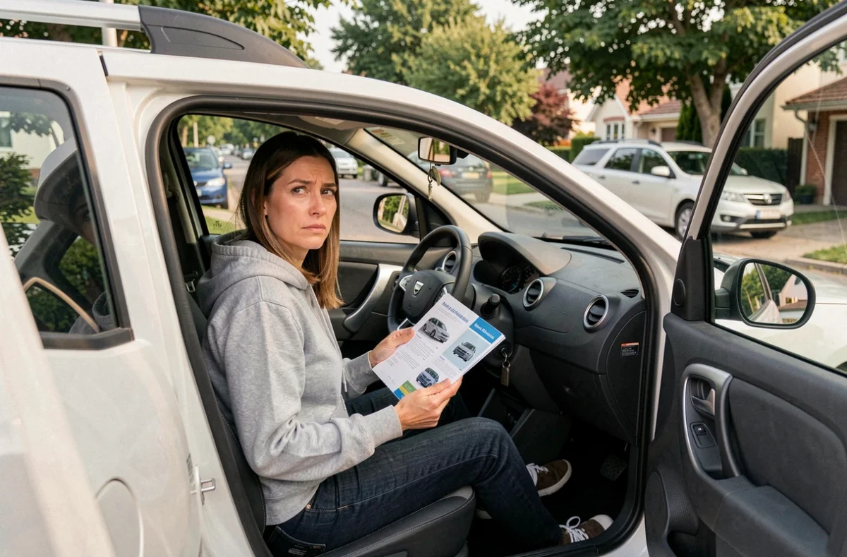 Conductrice consultant le manuel du Dacia Duster pour comprendre la signification d'un voyant allumé sur le tableau de bord