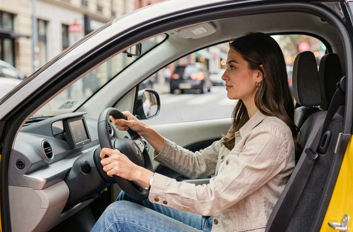 Jeune femme au volant d'une Renault Twizy dans un environnement urbain, illustrant l'usage quotidien d'une voiture sans permis