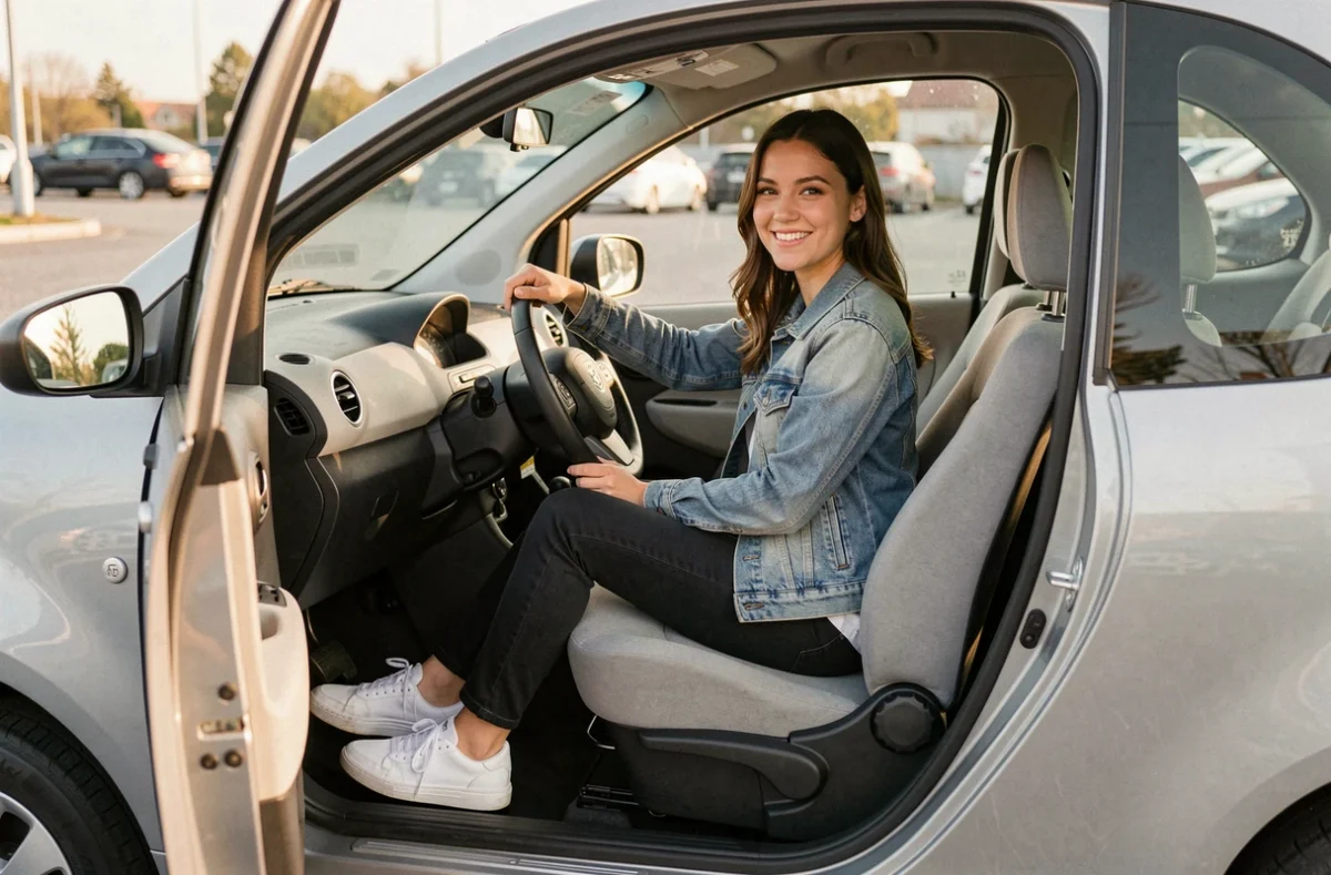 Jeune femme au volant d'une voiture sans permis 4 places, portière ouverte dans un parking