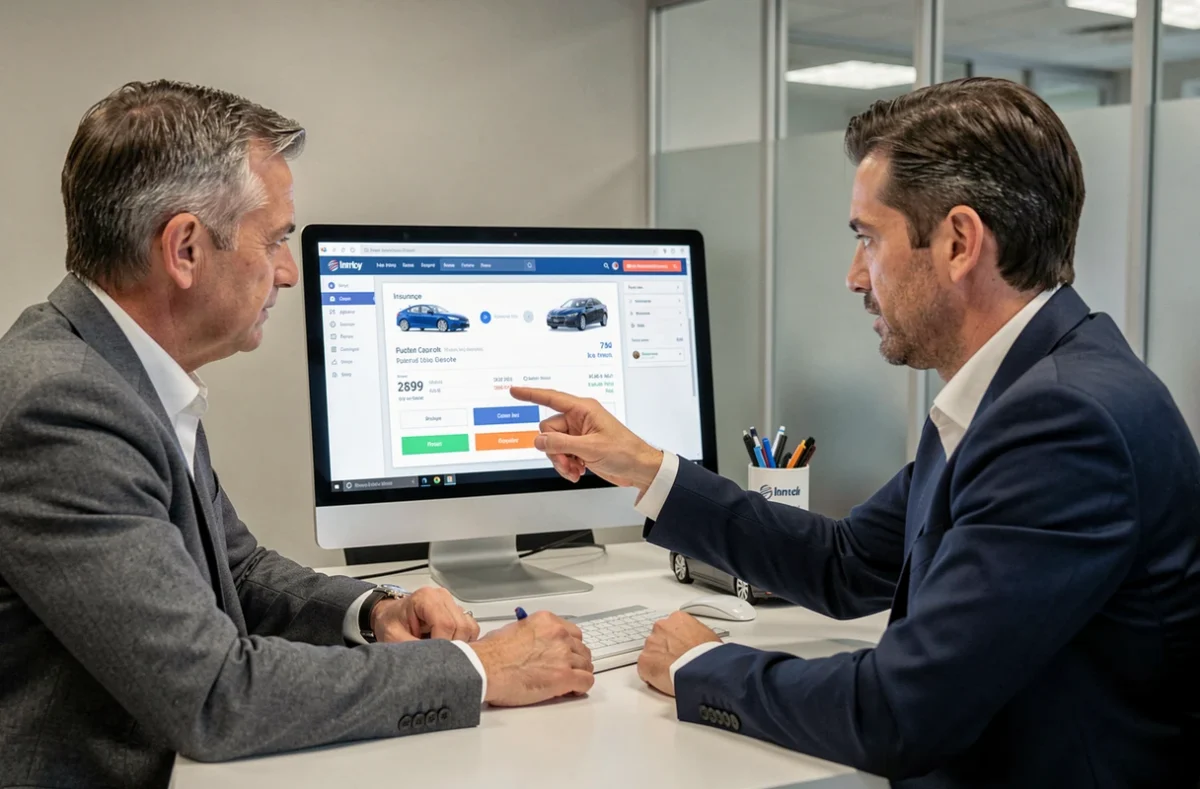 Client en rendez-vous avec un conseiller en assurance auto consultant une simulation de devis sur écran