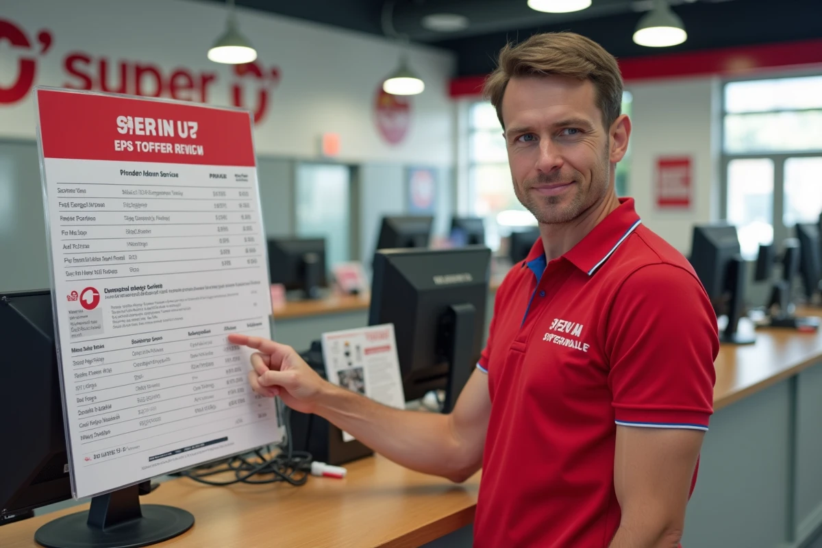 Conseiller Super U présentant la grille tarifaire de location utilitaire au comptoir du service client