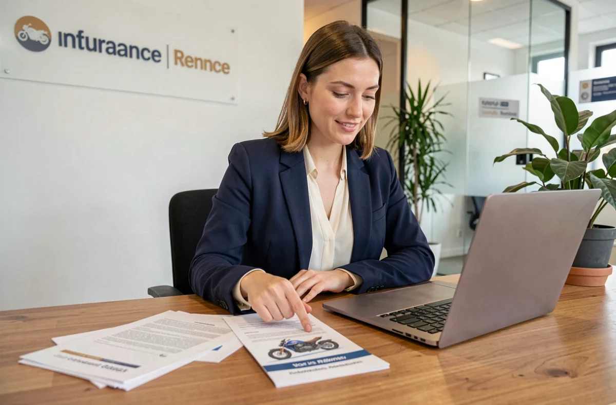 Conseillère en assurance moto dans un bureau moderne à Rennes examinant des documents de contrat avec un client