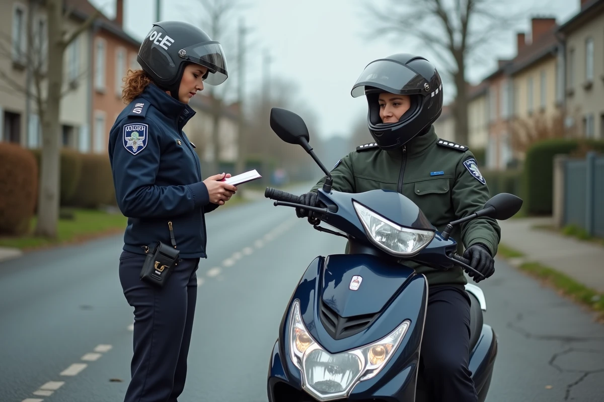Policière contrôlant un scooter sur la voie publique pour vérification du permis et des papiers d'assurance