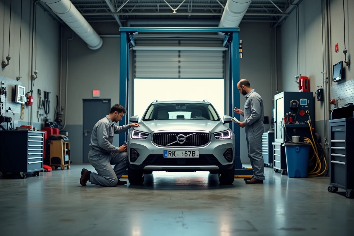 Mécaniciens effectuant un contrôle technique approfondi d'un véhicule à plaque TR dans un garage d'inspection automobile