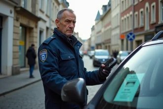 Contrôleur vérifiant une vignette Crit'Air sur le pare-brise d'un véhicule dans une rue de Rennes