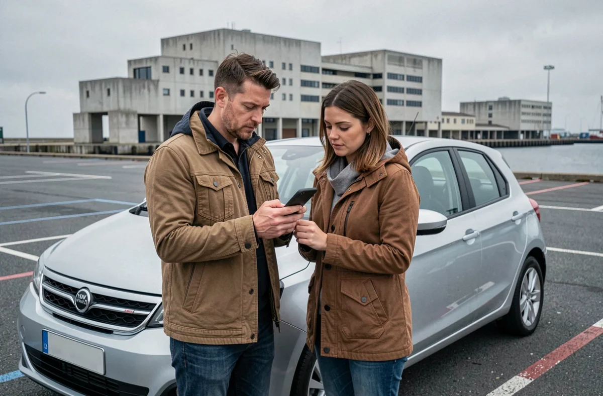 Couple consultant une application de comparaison d'assurance auto près du port du Havre