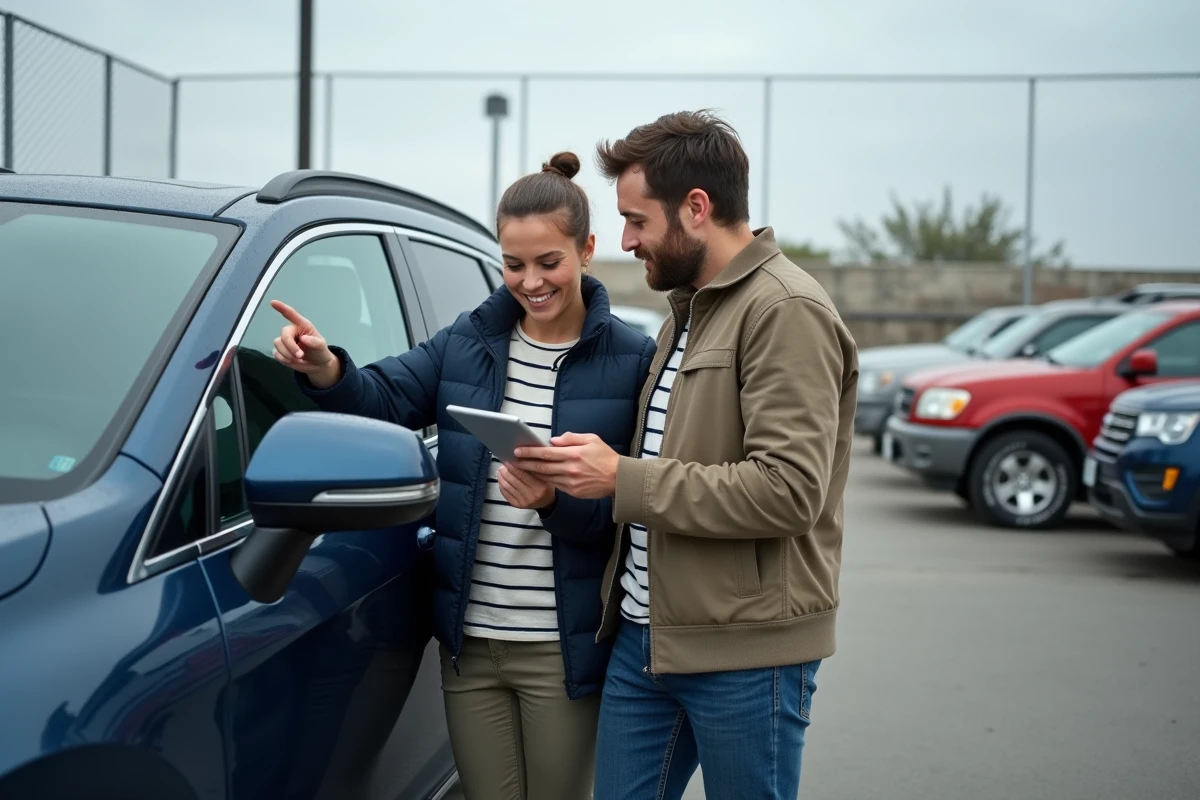 Couple examinant un SUV d'occasion en consultant une application de liste de voitures sur tablette