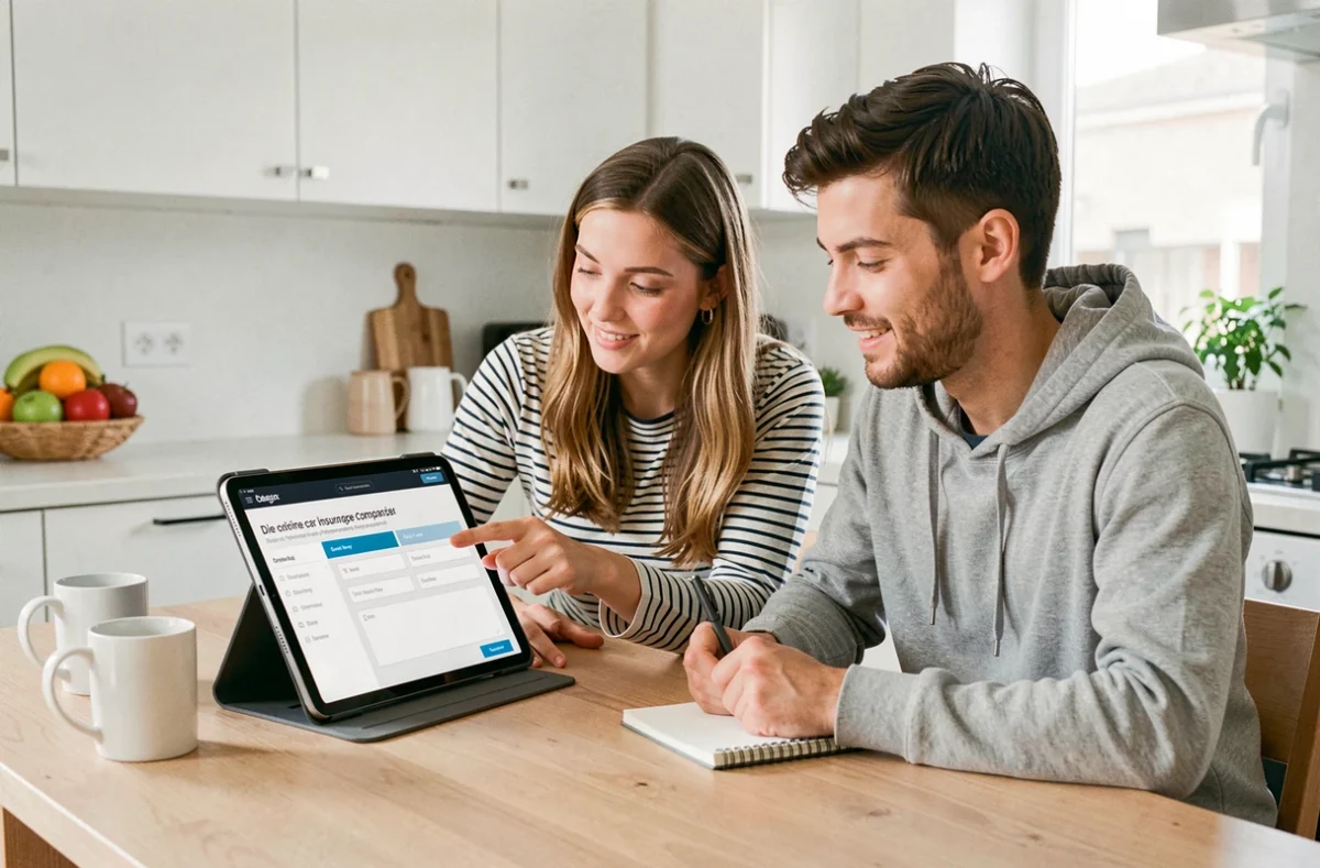 Couple comparant des offres d'assurance auto en ligne sur une tablette dans une cuisine moderne