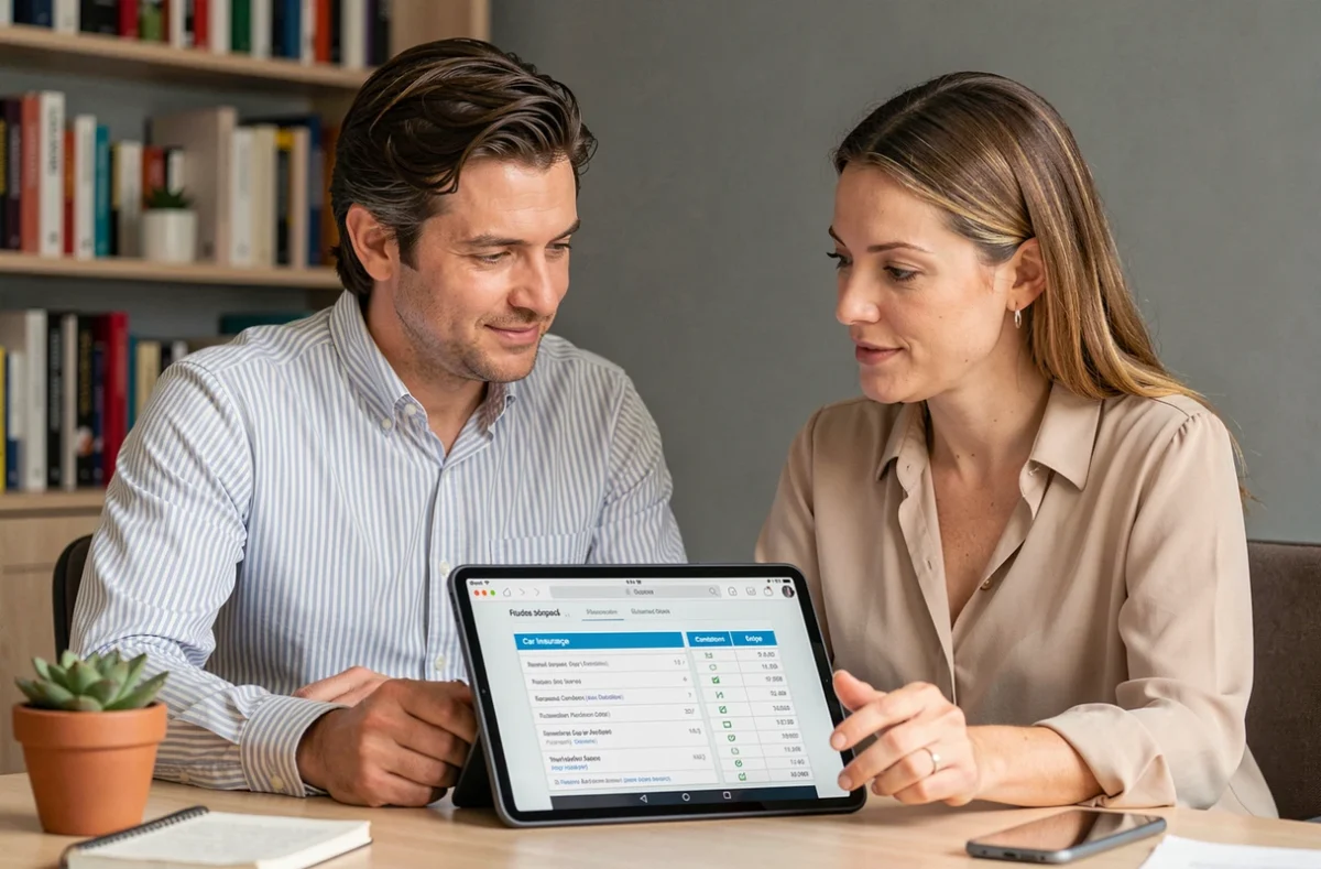 Couple comparant des offres d'assurance auto Qlara sur tablette dans un bureau à domicile