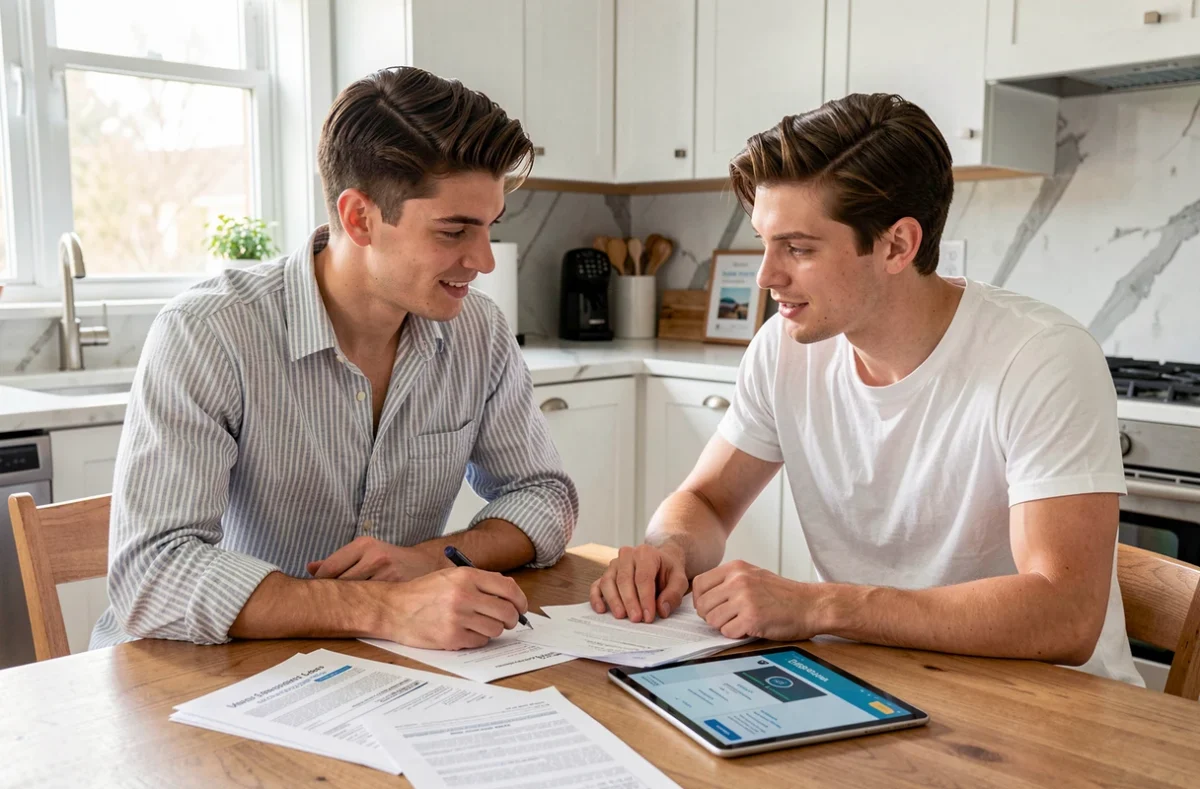 Couple comparant des offres d'assurance voiture sur tablette et documents papier dans une cuisine moderne