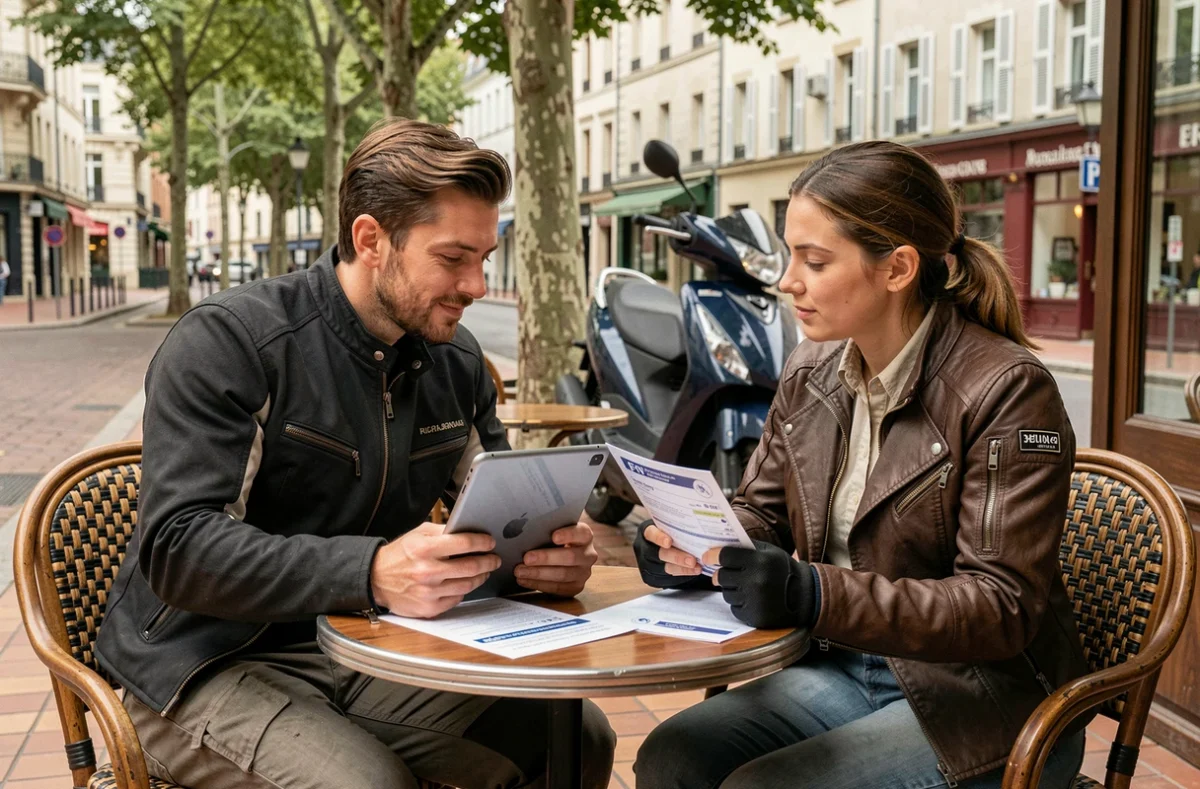 Couple de motards comparant des devis d'assurance moto sur une tablette en terrasse de café à Rennes avec un scooter garé à côté