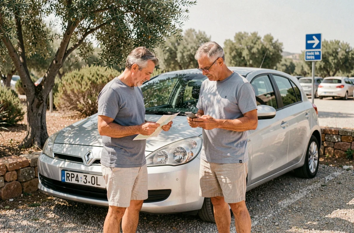 Couple consultant un plan de stationnement près de la plage de Carry-le-Rouet à côté de leur voiture