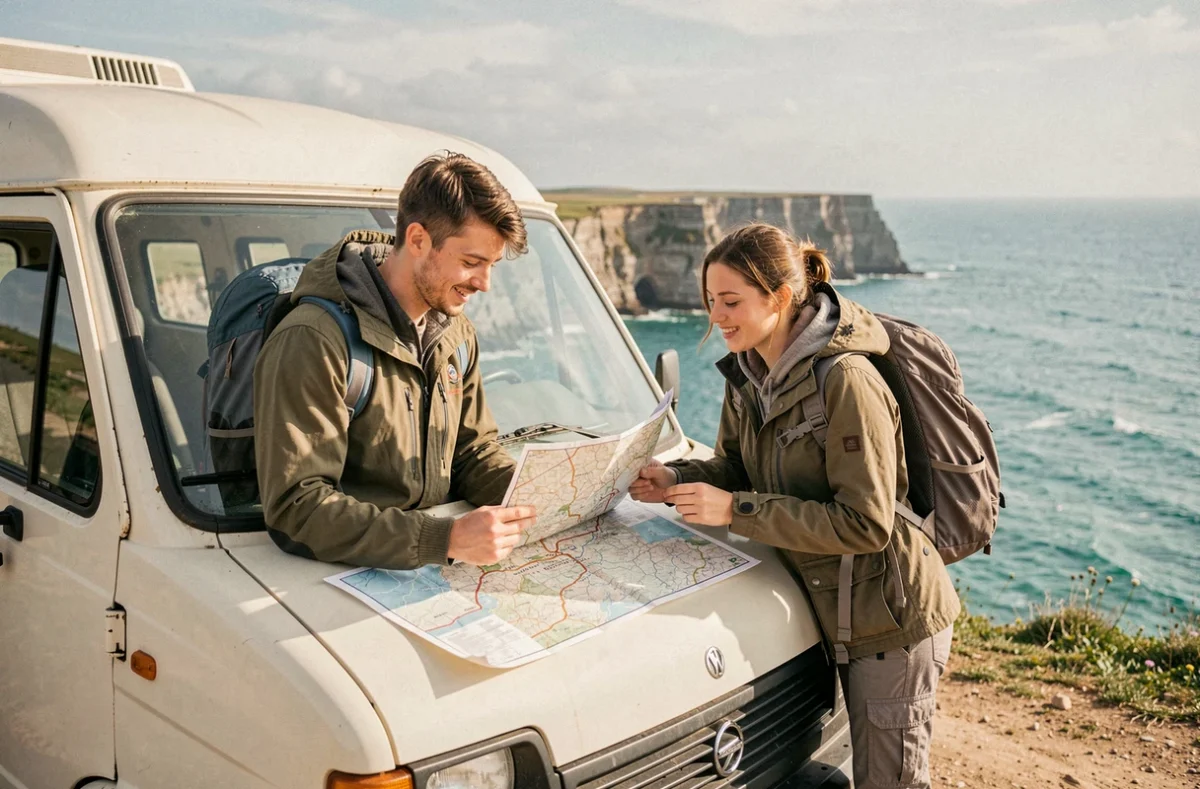 Couple de voyageurs consultant une carte routière sur le capot d'un van aménagé économique garé face aux falaises bretonnes, voyage en camping-car low-cost en France
