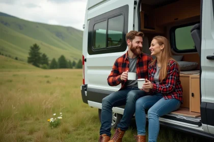 Jeune couple souriant devant leur van en pleine nature