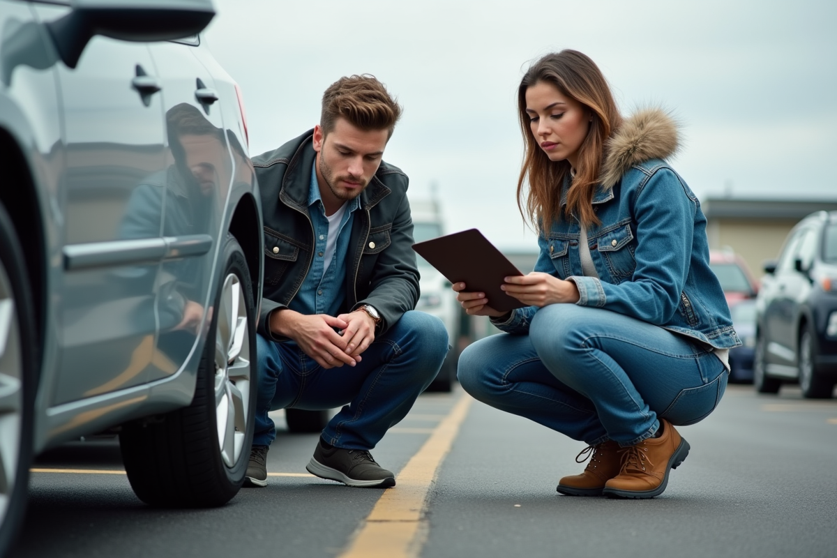 Jeune couple inspectant une voiture d
