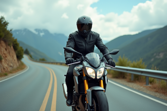 Coureur en moto sportive sur route de montagne
