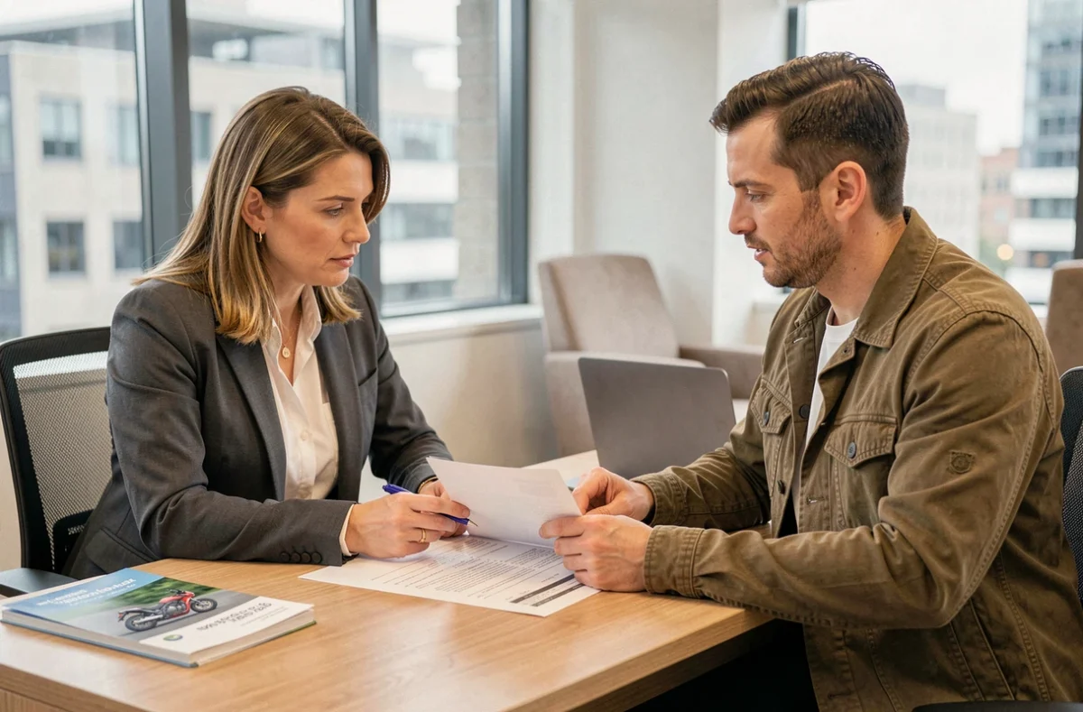 Courtière en assurance présentant un contrat d'assurance moto circuit à un client dans un bureau moderne