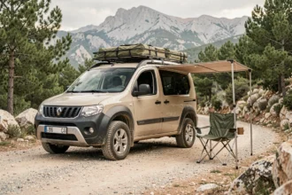 Camping-car compact de type Dacia Sandero aménagé en van de camping, garé sur une route de montagne en gravier avec auvent et chaise de camp, ambiance bivouac abordable