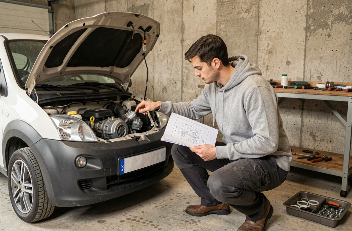 Jeune homme consultant un schéma technique pour débrider un Aixam dans un garage privé