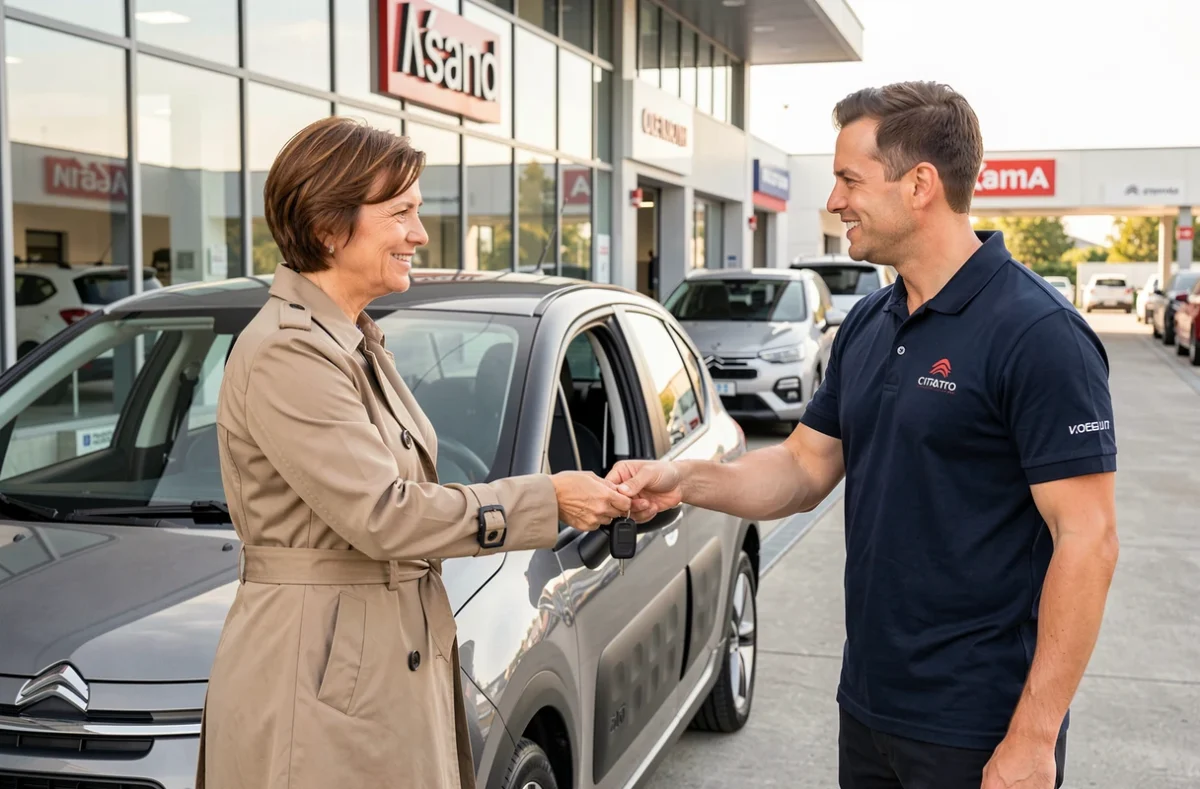 Propriétaire de Citroën C3 déposant son véhicule au service après-vente pour prise en charge moteur PureTech