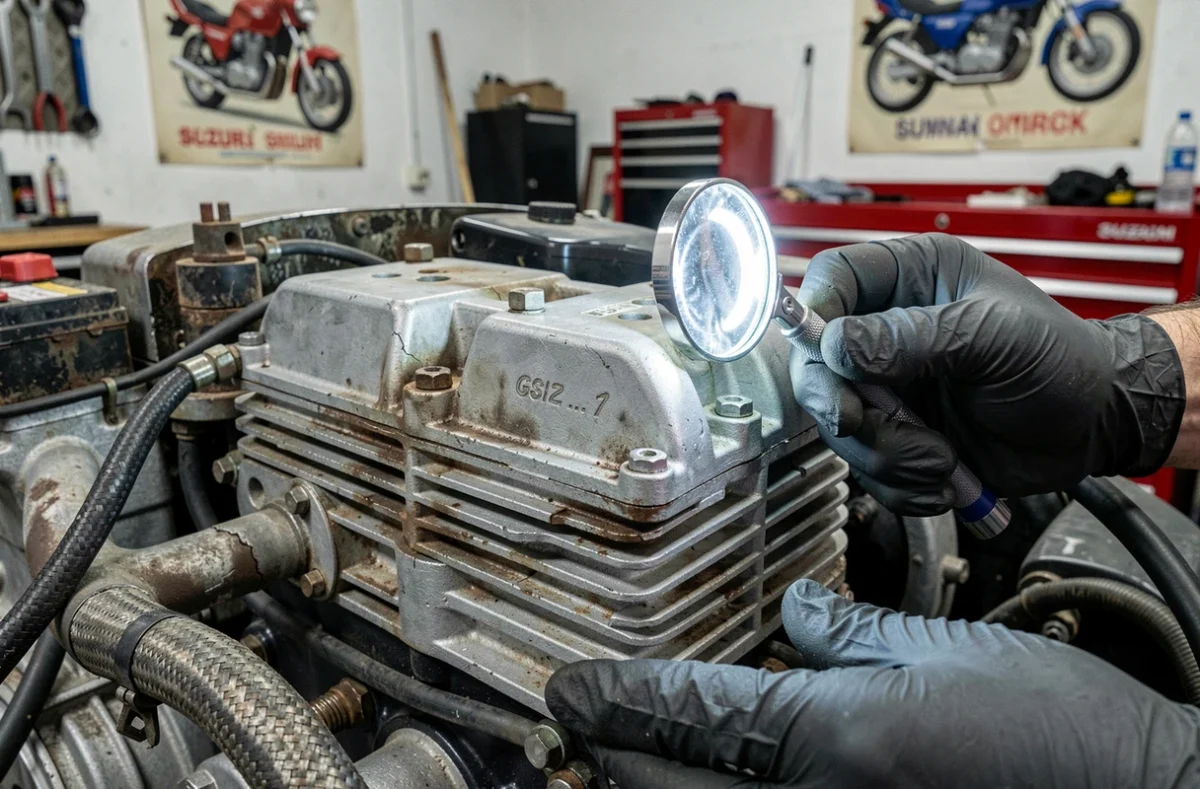 Détail du moteur d'une GSXR 1100 de 1992 avec signes d'oxydation inspectés par un mécanicien avant achat