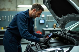 Technicien automobile connectant un scanner OBD2 sur une Peugeot 208 GTi pour diagnostiquer un code défaut P0087 de pression carburant
