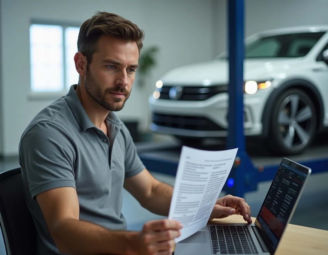 Ingénieur automobile analysant un rapport de diagnostic pour les pannes connues du moteur 1.6 TDI 105