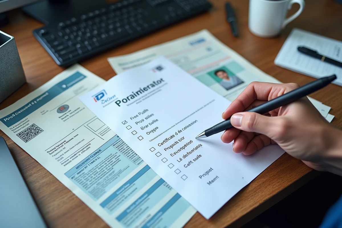 Documents nécessaires pour faire une carte grise dans un garage disposés sur un bureau avec une checklist