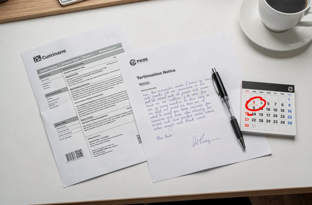 Documents de résiliation d'assurance auto posés sur un bureau avec calendrier et stylo