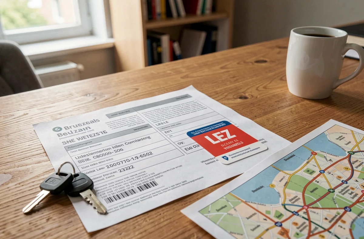 Documents d'immatriculation, vignette LEZ et carte de la zone de basse émission de Bruxelles pour voiture essence ou diesel