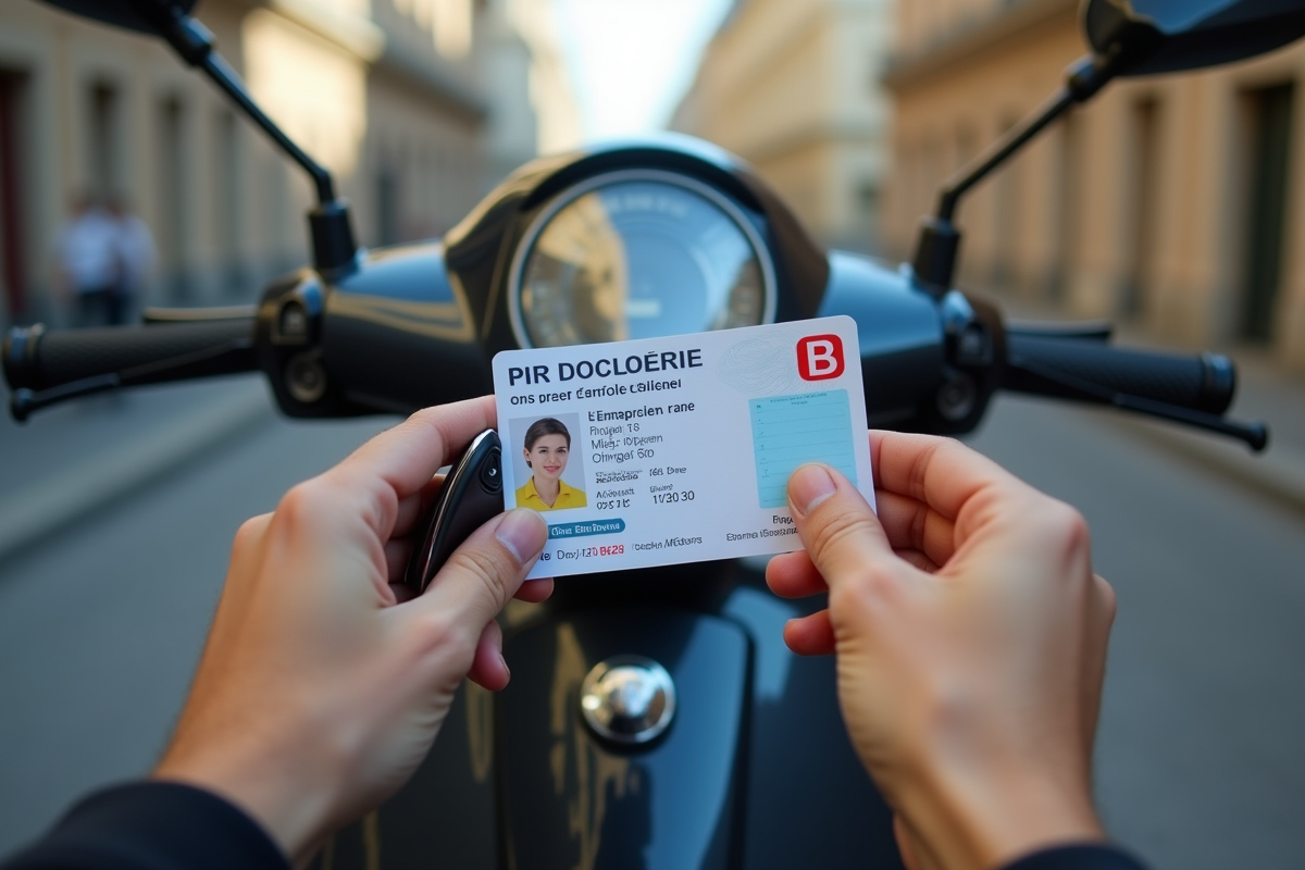 Mains tenant permis et clés devant scooter MP3 500