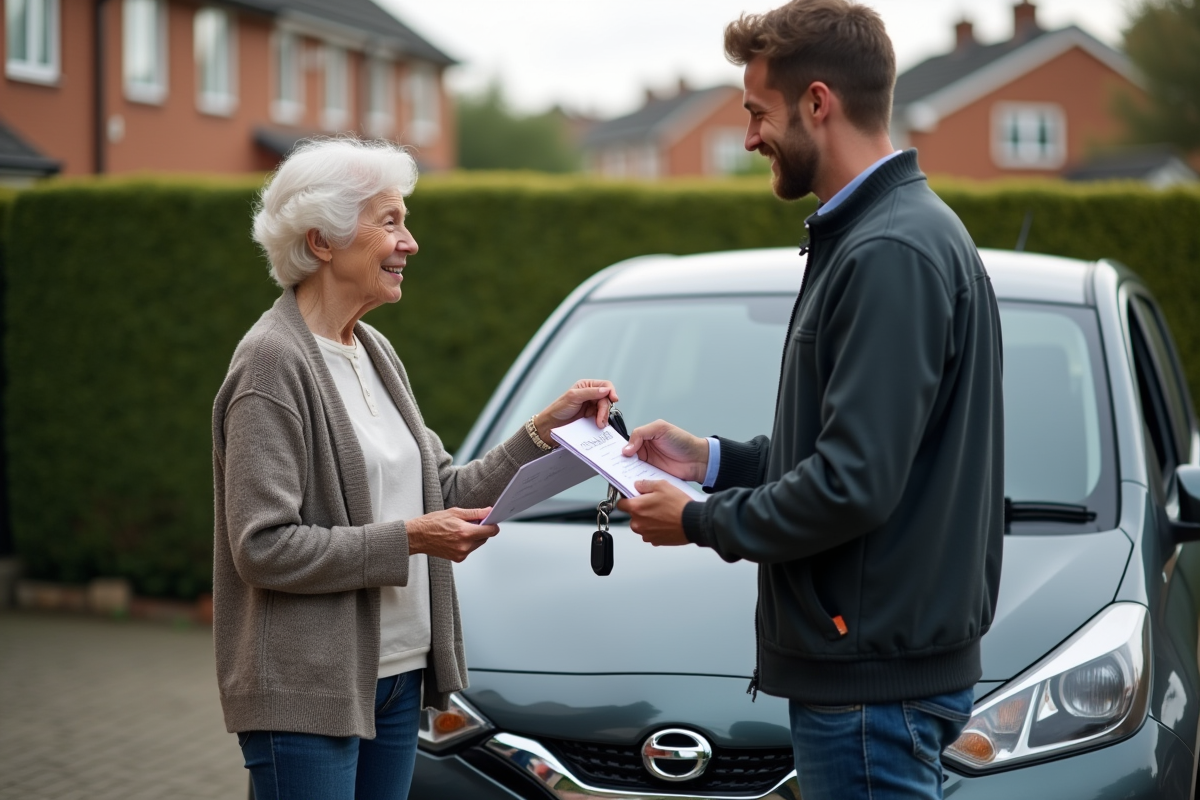 Femme âgée remettant clés et documents à un jeune homme devant une voiture